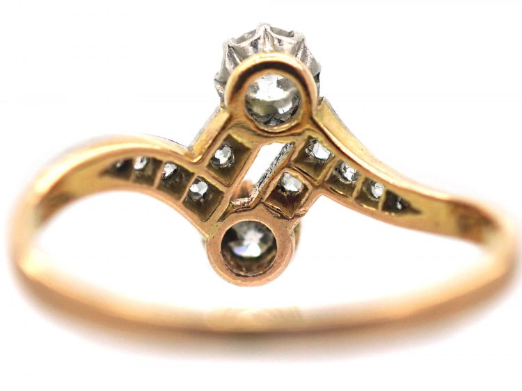 Edwardian 18ct Gold & Platinum, Two Stone Diamond Zig Zag Crossover Ring