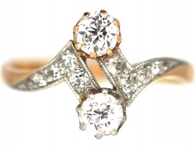 Edwardian 18ct Gold & Platinum, Two Stone Diamond Zig Zag Crossover Ring