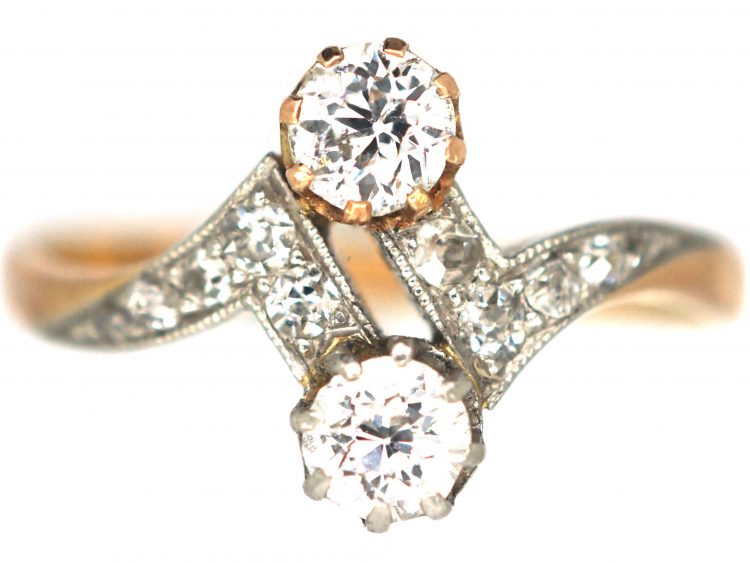 Edwardian 18ct Gold & Platinum, Two Stone Diamond Zig Zag Crossover Ring