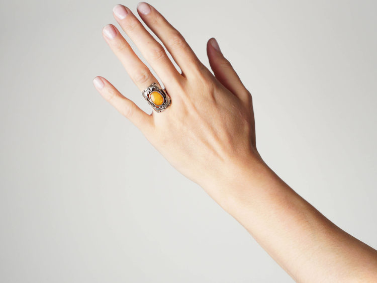 Silver Amber Fishes Ring