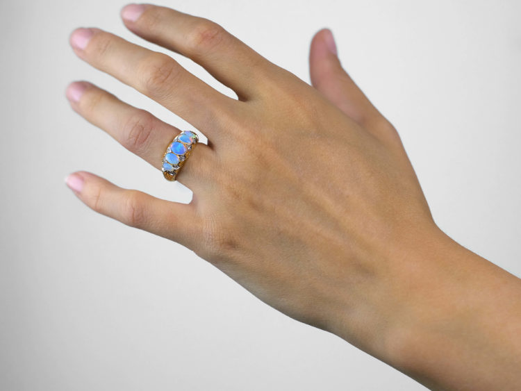 Victorian 18ct Gold, Five Stone Opal & Diamond Ring