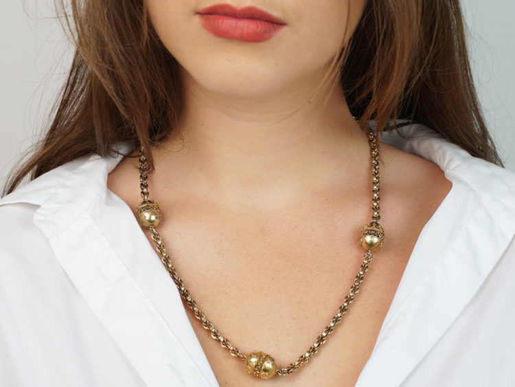 Victorian 15ct Gold Chain With Three Etruscan Design Beads