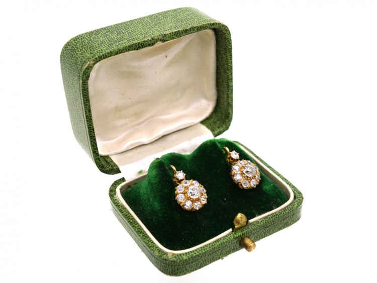 French 18ct Gold & Diamond Cluster Earrings in Original Case