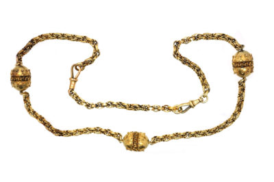 Victorian 15ct Gold Chain With Three Etruscan Design Beads