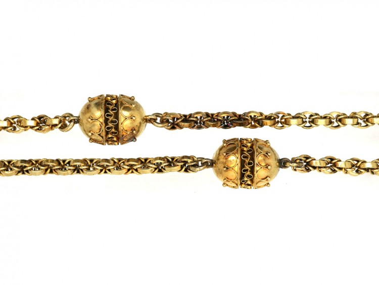 Victorian 15ct Gold Chain With Three Etruscan Design Beads