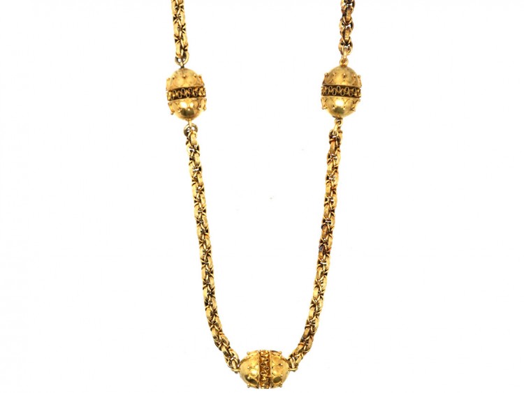 Victorian 15ct Gold Chain With Three Etruscan Design Beads