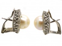 18ct White Gold Diamond & Pearl Cluster Earrings with Post & Clip Fittings