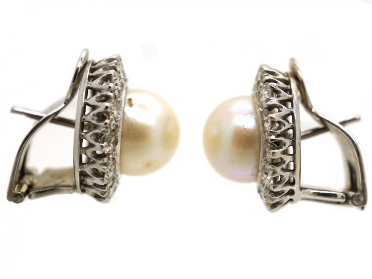 18ct White Gold Diamond & Pearl Cluster Earrings with Post & Clip Fittings