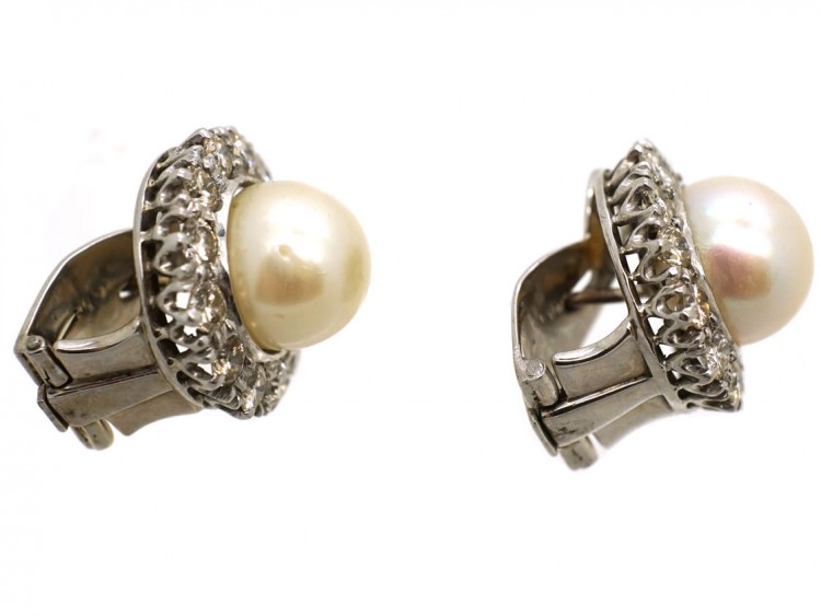 18ct White Gold Diamond & Pearl Cluster Earrings with Post & Clip Fittings