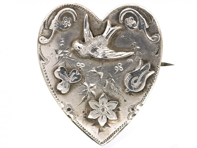 Edwardian Heart Shaped Brooch with Swallow Motif