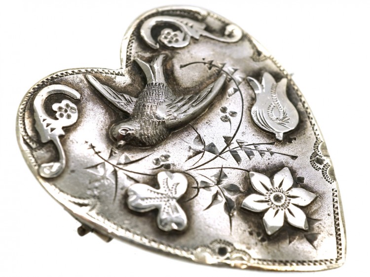 Edwardian Heart Shaped Brooch with Swallow Motif
