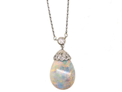 Edwardian Platinum, Opal & Diamond Pendant on Platinum Chain