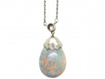 Edwardian Platinum, Opal & Diamond Pendant on Platinum Chain