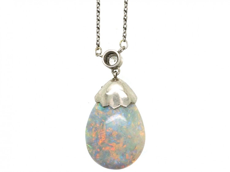 Edwardian Platinum, Opal & Diamond Pendant on Platinum Chain