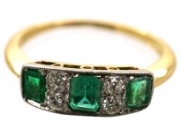 Edwardian 18ct Gold & Platinum Diamond & Emerald Three Stone Ring