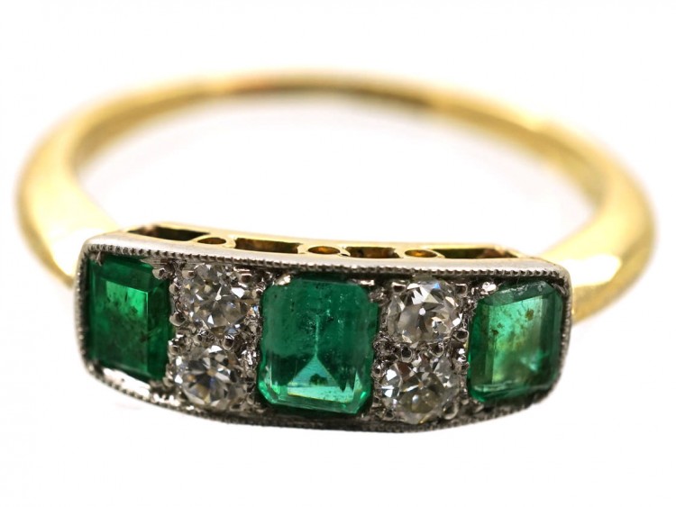 Edwardian 18ct Gold & Platinum Diamond & Emerald Three Stone Ring