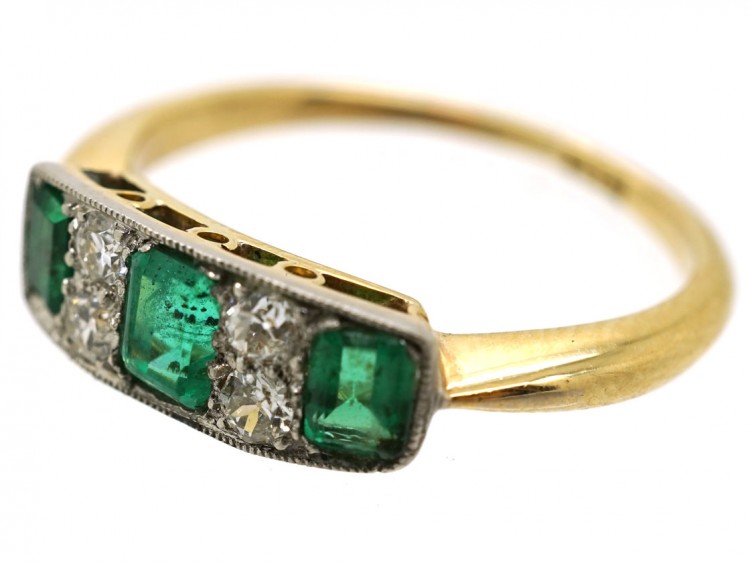 Edwardian 18ct Gold & Platinum Diamond & Emerald Three Stone Ring