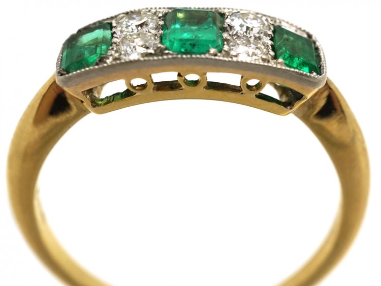 Edwardian 18ct Gold & Platinum Diamond & Emerald Three Stone Ring