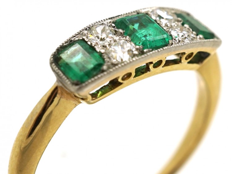 Edwardian 18ct Gold & Platinum Diamond & Emerald Three Stone Ring