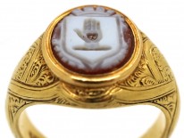 Victorian 18ct Gold & Carnelian Large Signet Ring With Hand On Heart Intaglio