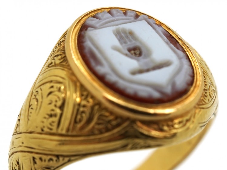 Victorian 18ct Gold & Carnelian Large Signet Ring With Hand On Heart Intaglio