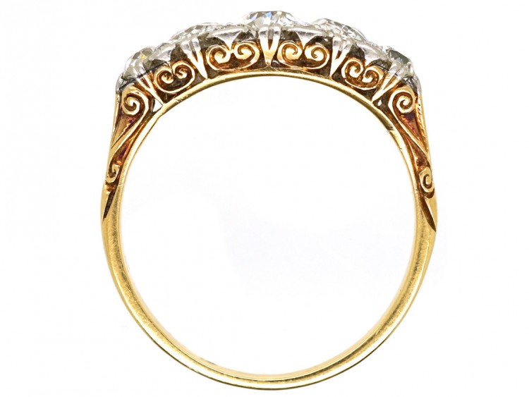Edwardian 18ct Gold & Platinum Five Stone Diamond Carved Half Hoop Ring