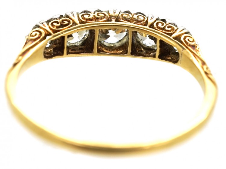 Edwardian 18ct Gold & Platinum Five Stone Diamond Carved Half Hoop Ring