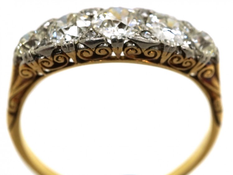 Edwardian 18ct Gold & Platinum Five Stone Diamond Carved Half Hoop Ring