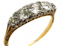 Edwardian 18ct Gold & Platinum Five Stone Diamond Carved Half Hoop Ring