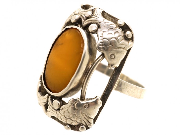 Silver Amber Fishes Ring