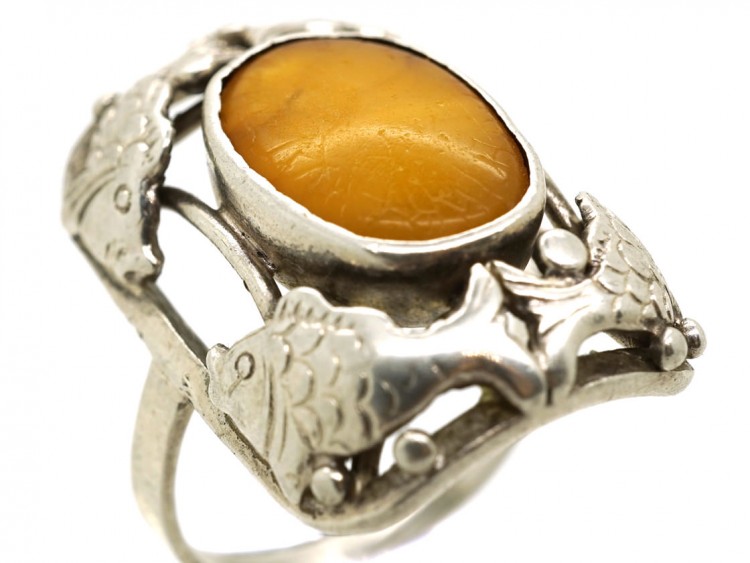 Silver Amber Fishes Ring