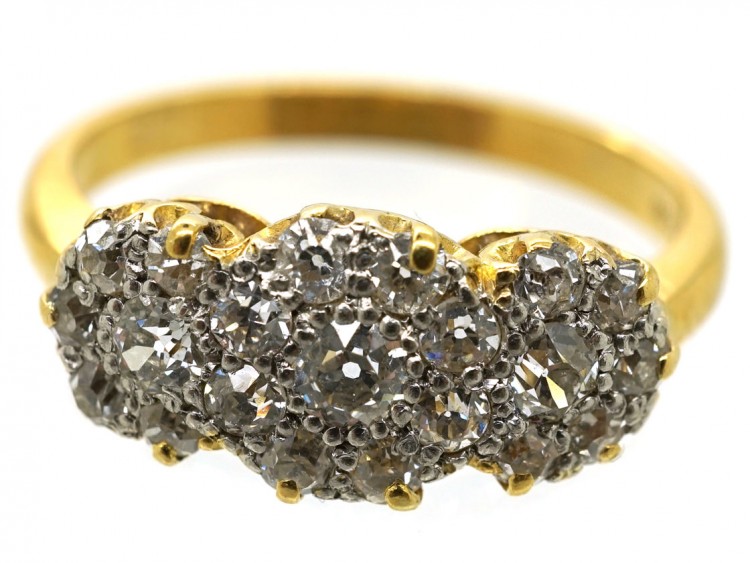 Edwardian 18ct Gold & Platinum Triple Cluster Diamond Ring
