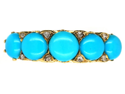 Victorian 18ct Gold, Turquoise & Rose Diamond Carved Half Hoop Ring