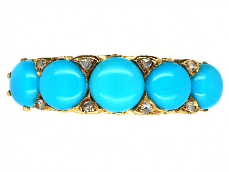 Victorian 18ct Gold, Turquoise & Rose Diamond Carved Half Hoop Ring