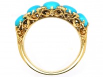 Victorian 18ct Gold, Turquoise & Rose Diamond Carved Half Hoop Ring