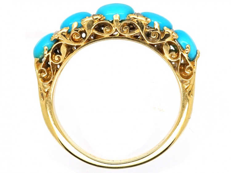 Victorian 18ct Gold, Turquoise & Rose Diamond Carved Half Hoop Ring