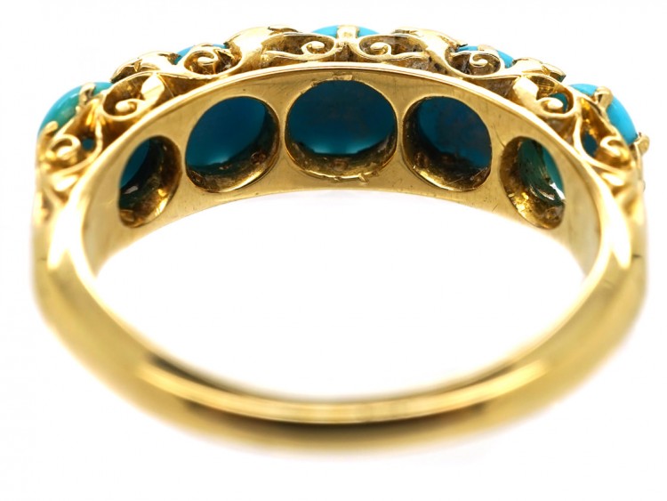 Victorian 18ct Gold, Turquoise & Rose Diamond Carved Half Hoop Ring