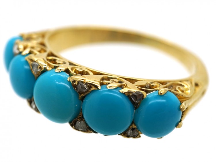 Victorian 18ct Gold, Turquoise & Rose Diamond Carved Half Hoop Ring