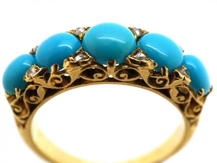 Victorian 18ct Gold, Turquoise & Rose Diamond Carved Half Hoop Ring