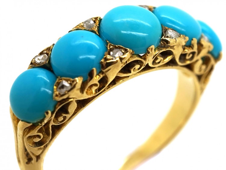 Victorian 18ct Gold, Turquoise & Rose Diamond Carved Half Hoop Ring
