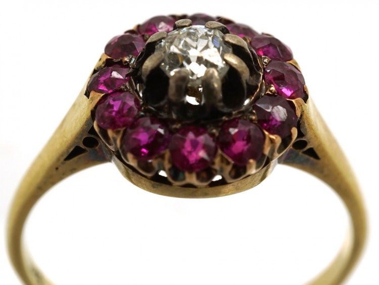 Edwardian 14ct Gold, Diamond & Burma Ruby Cluster Ring