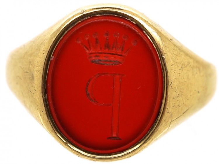 Gold & Carnelian Signet Ring with P & Coronet Intaglio