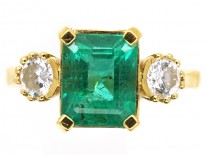 18ct Gold Rectangular Emerald & Diamond Three Stone Ring