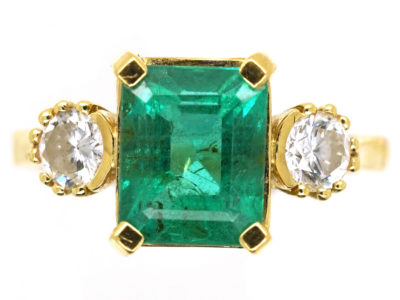 18ct Gold Rectangular Emerald & Diamond Three Stone Ring