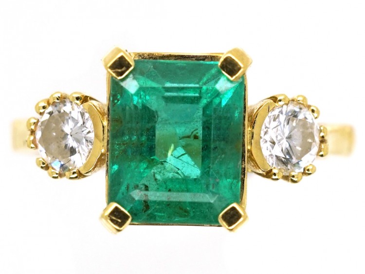 18ct Gold Rectangular Emerald & Diamond Three Stone Ring