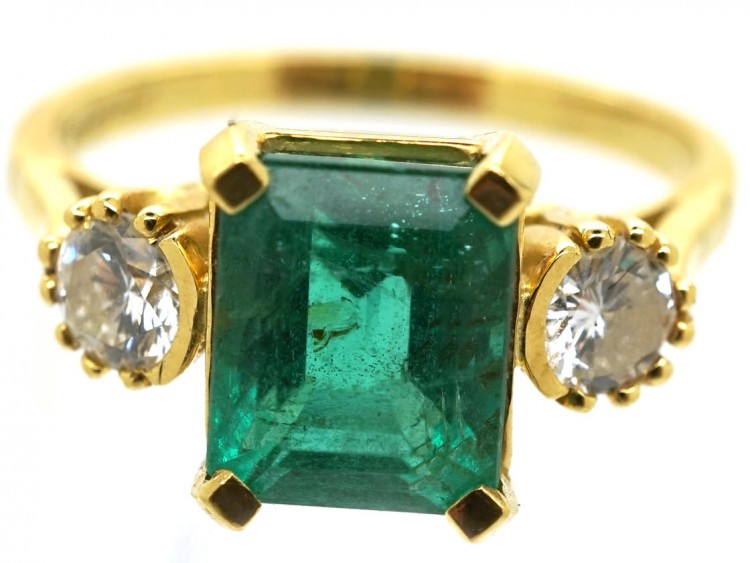 18ct Gold Rectangular Emerald & Diamond Three Stone Ring