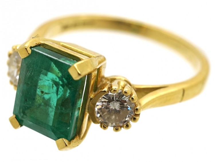 18ct Gold Rectangular Emerald & Diamond Three Stone Ring