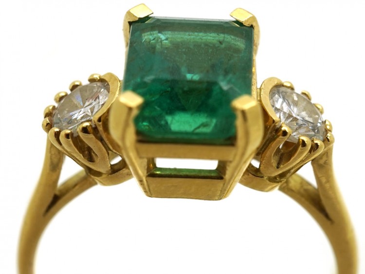 18ct Gold Rectangular Emerald & Diamond Three Stone Ring