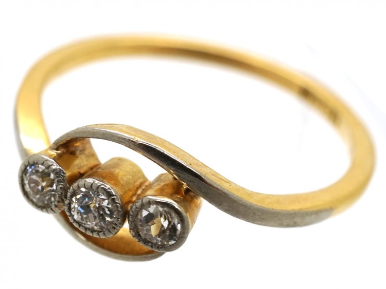 Edwardian 18ct Gold & Platinum, Three Stone Diamond Crossover Ring