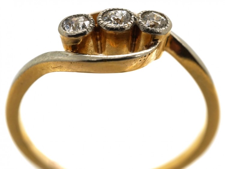 Edwardian 18ct Gold & Platinum, Three Stone Diamond Crossover Ring